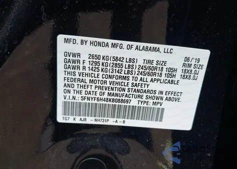 2019 Honda Pilot Ex-L z USA, uszkodzony, nr VIN 5FNYF6H48KB088697